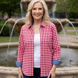 Talbots Women’s Petite Small Modern Classic Button Down Shirt Pink White Gingham